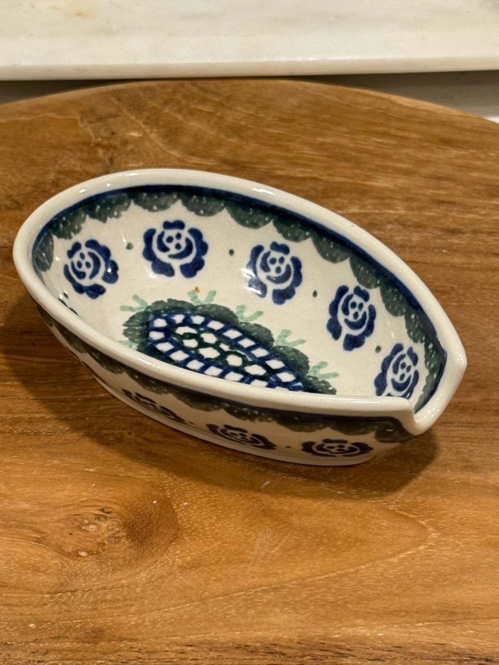 Polish Pottery spoon rest, 5"x3"x1.25", vintage Hand made in Poland .